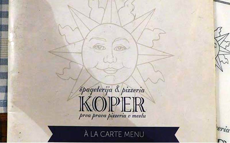 Die mehrsprachige Speisekarte der Pizzeria Koper (Stand 2019) 