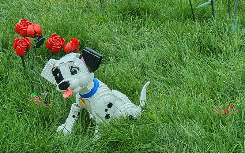 Ein Lego-Dalmatiner in der Wiese am Dach