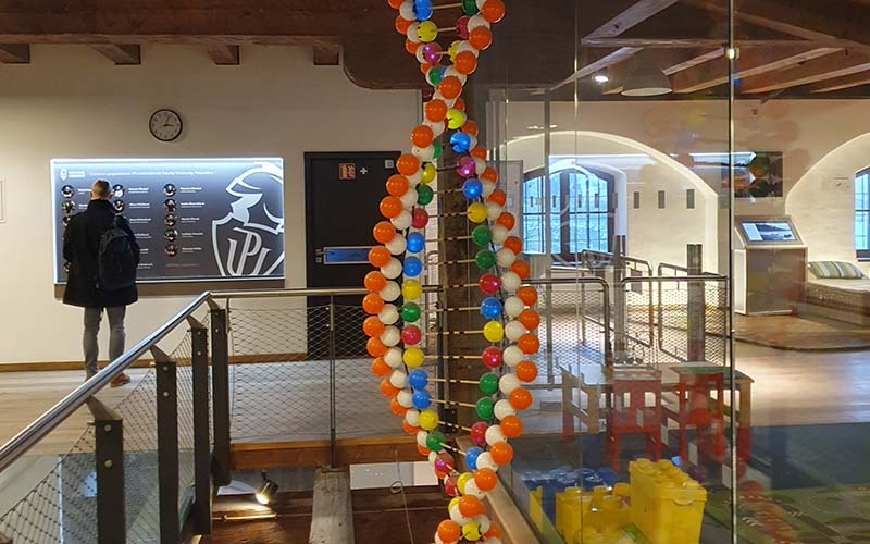 Der DNA Strang schlängelt sich durch die Stockwerke des Museums